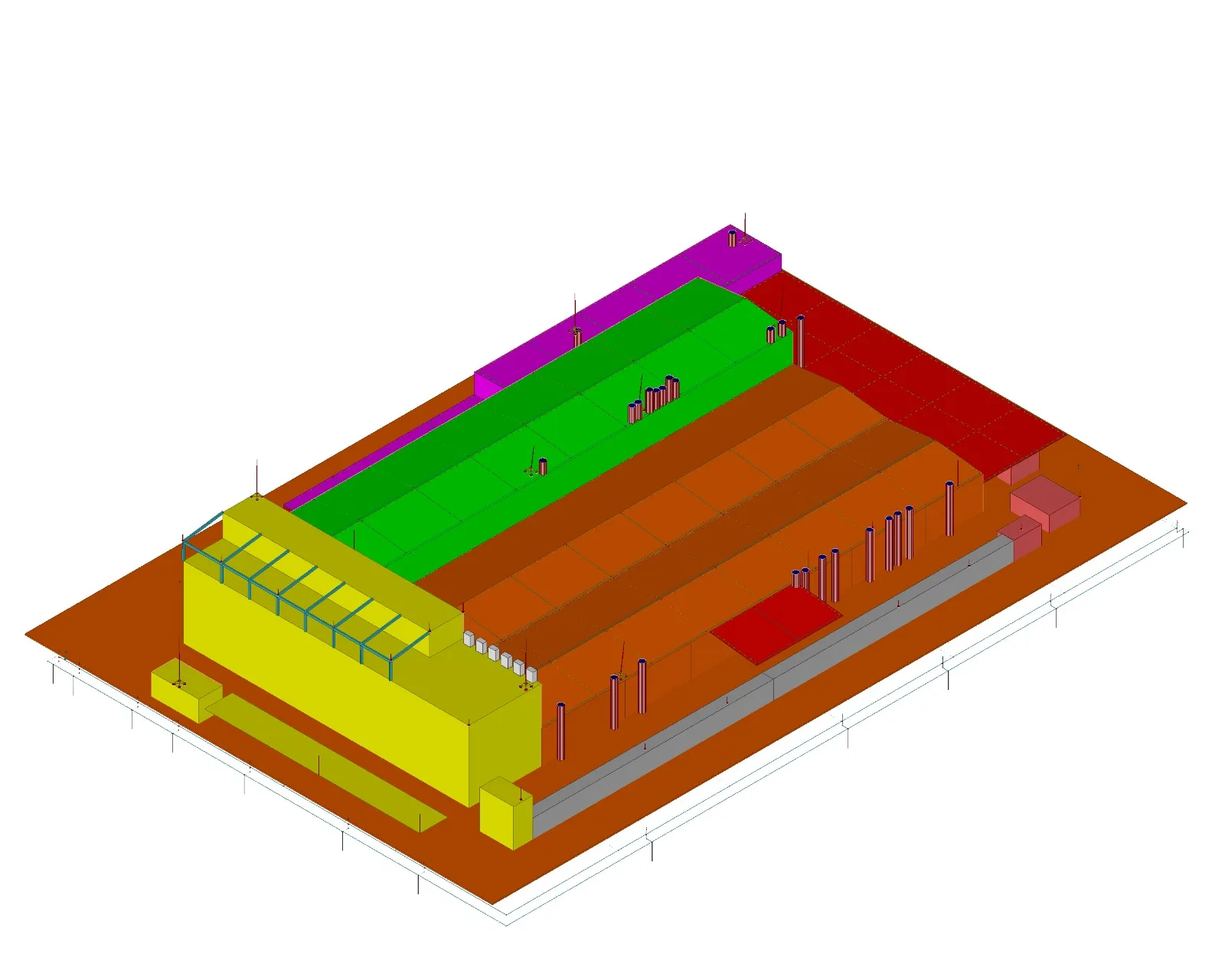 OSB endüstri tesisi paratoner 3D yapı modeli — fabrika yıldırım koruma sistemi tasarımı, iş güvenliği LPS projesi