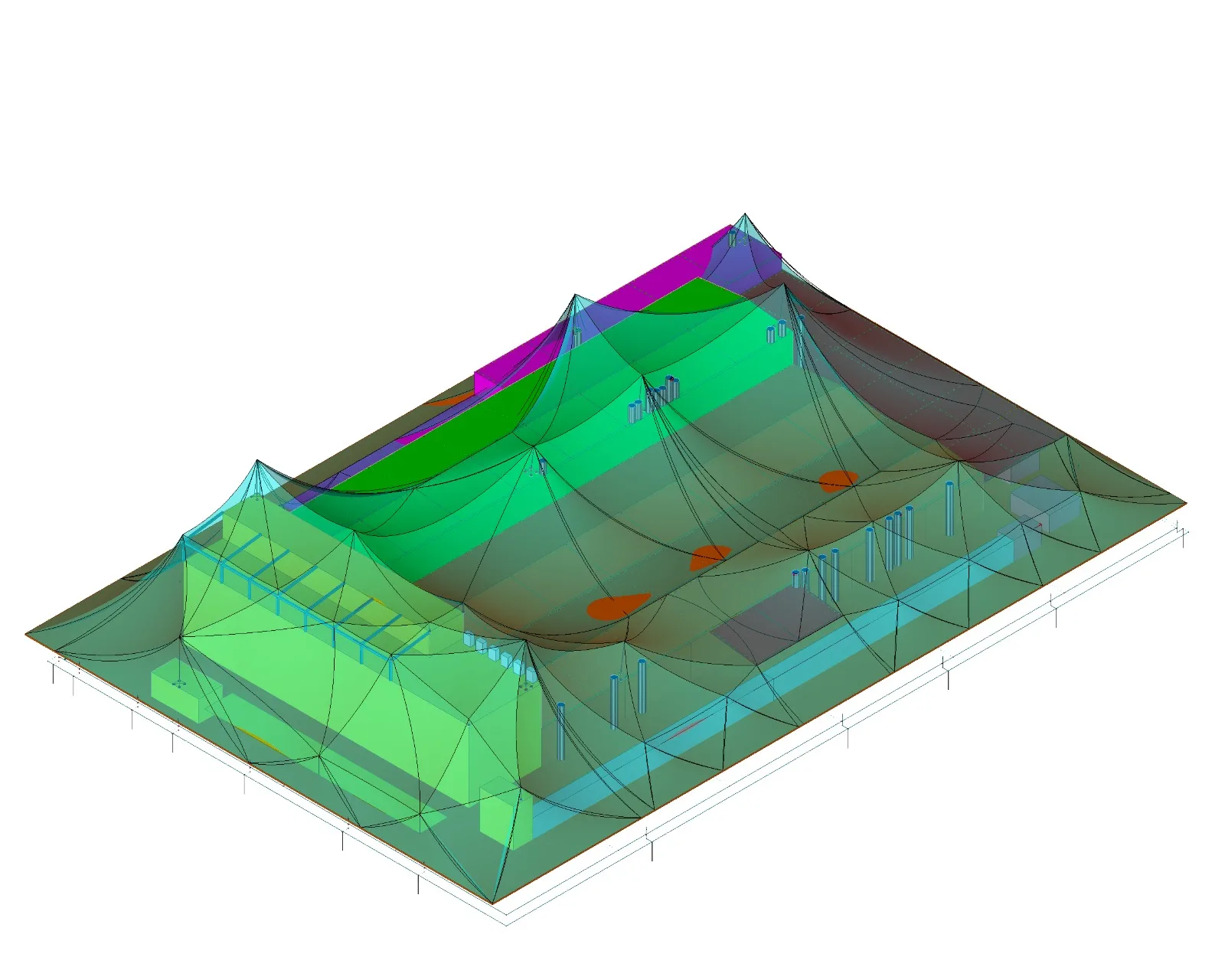 Fabrika tesisinde IEC 62305 yuvarlanma küresi metodu ile yıldırım koruma alanı 3D simülasyonu — yeşil korunan bölge, iş güvenliği paratoner tasarımı